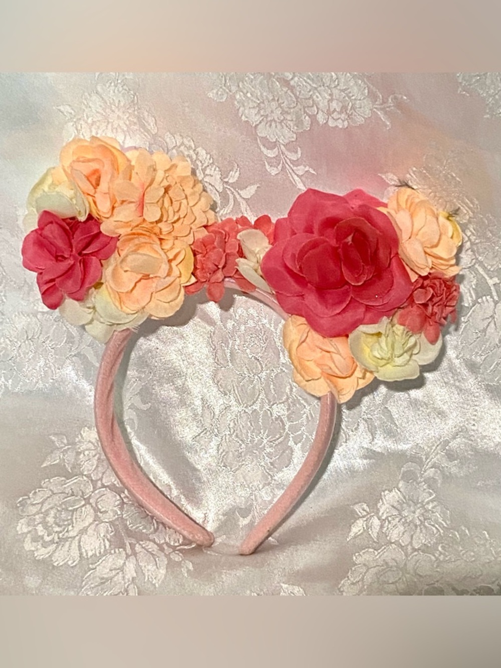 Disney Minnie Mouse Floral Ears Headband Pink Satin Flower Crown